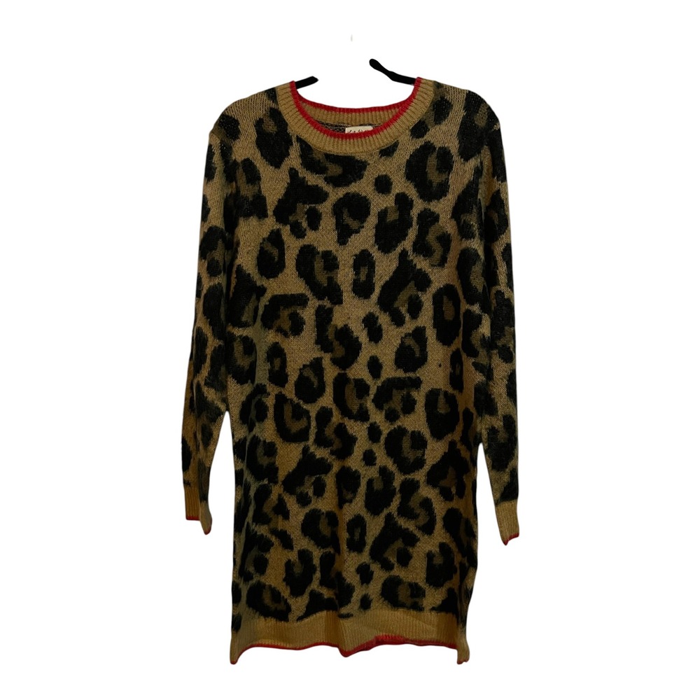 Lily White Women's Sweater Dress Tan Black Leopard Print Red Trim - Size Large